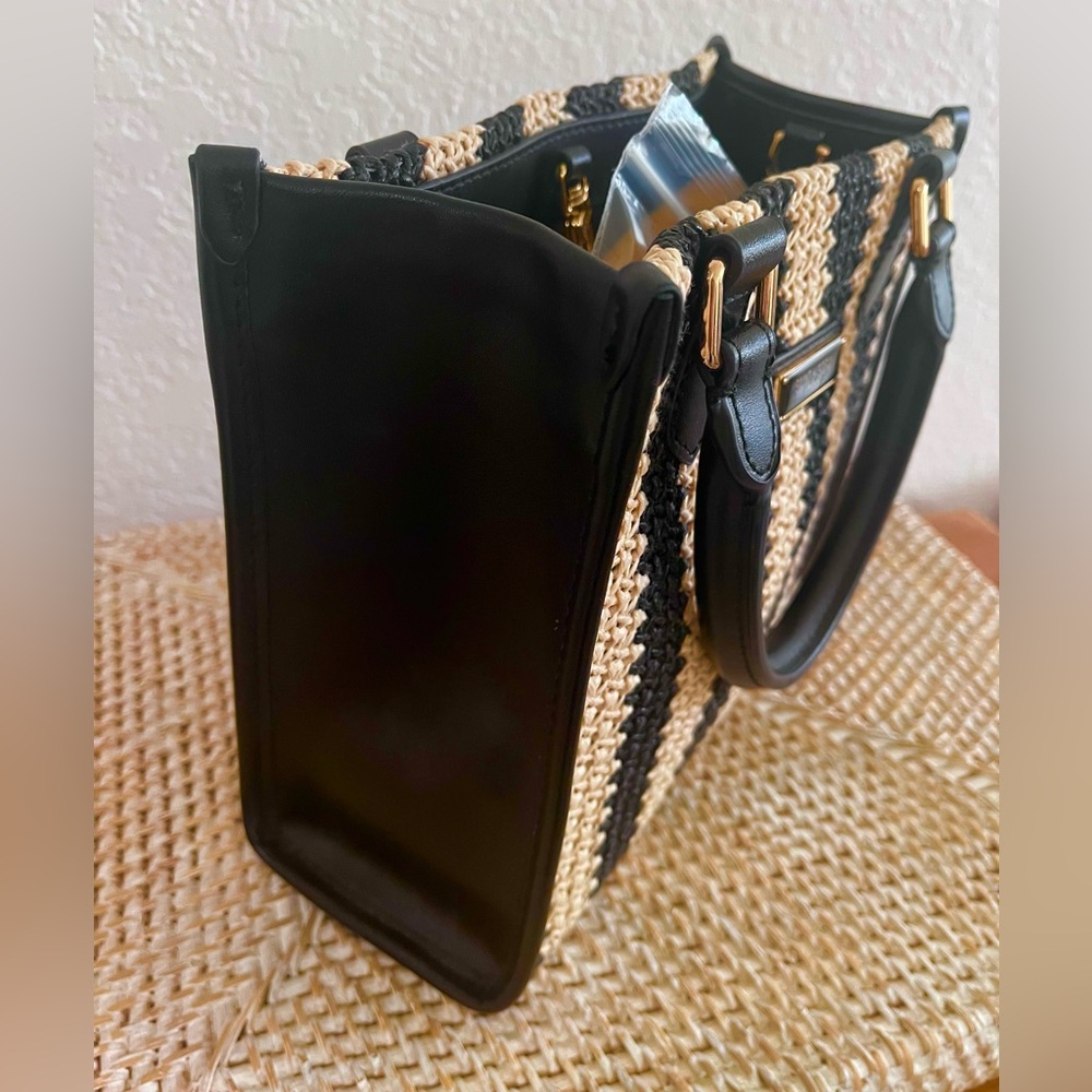 SAINT & SOFIA Mini Tote Bag Raffia Black/Tan Leather Artisan Handbag W/Strap - Picture 10 of 15